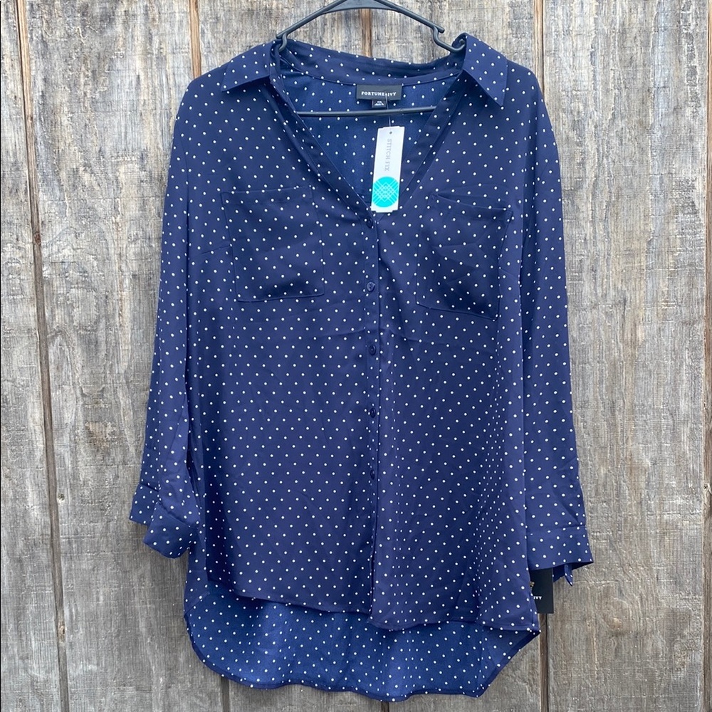 New XXL Fortune & Ivy Christelle Button Down Blue & White Polka Dot Blouse